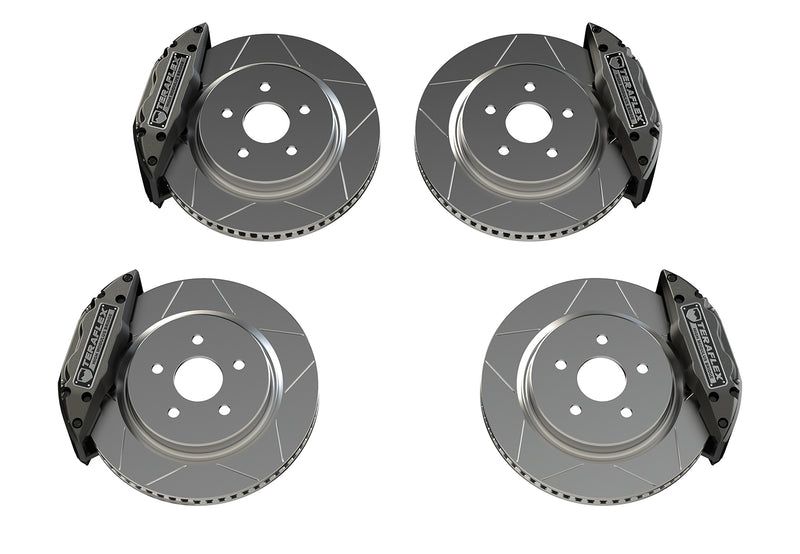 TeraFlex Brake Component, shown on a studio background: four slotted rotors with gray TeraFlex High Modulus Bridge calipers on white