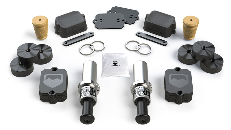 TeraFlex Bump Stop Kit, shown on a studio background: TeraFlex Speed Bump bump stop kit with hydraulic bumps, spacers, Falcon foam stops and hardware on white