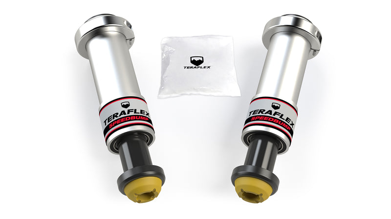 TeraFlex Bump Stop Kit, shown on a studio background: two polished TeraFlex SpeedBump bump stops with a hardware bag on white