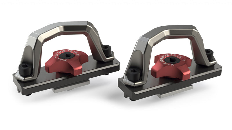 TeraFlex Cargo Rack & Rail Accessory, shown on a studio background: rendered pair of tie-down anchor loops with red MAX TORQUE 15 LB-FT knobs on white