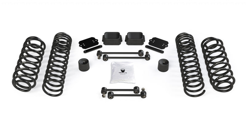 TeraFlex Coil Spring Lift Kit, shown on a studio background: four black TeraFlex coil springs with bump spacers, sway links and plates on white