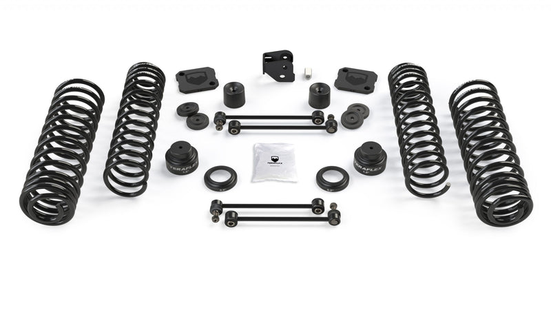 TeraFlex Coil Spring Lift Kit, shown on a studio background: TeraFlex coil spring lift kit with four springs, spacers, sway links, track bar bracket and hardware pack on white