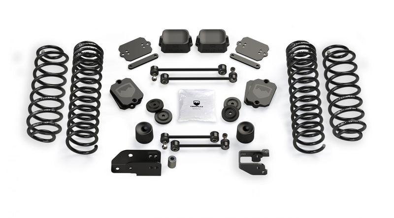 TeraFlex Coil Spring Lift Kit, shown on a studio background: TeraFlex coil spring lift kit with four black springs, bump stop cups, spacers, sway bar links and brackets on white