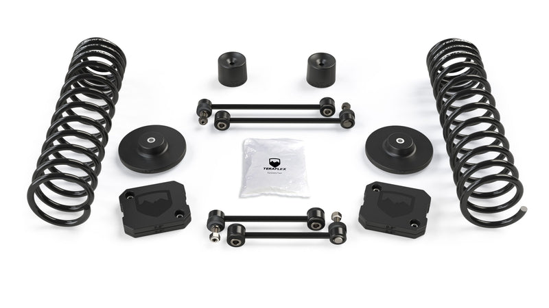 TeraFlex Coil Spring Lift Kit, shown on a studio background: TeraFlex lift kit: two coil springs, spacers, bump stop spacers, four sway bar links and hardware pack on white