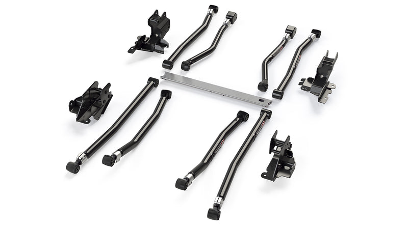 TeraFlex Control Arm, shown on a studio background: eight black adjustable control arms, four brackets and a silver crossmember on white
