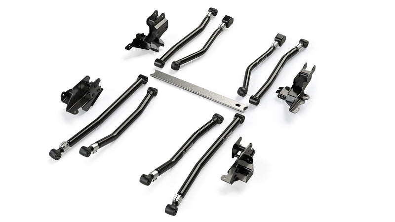 TeraFlex Control Arm, shown on a studio background: eight black control arms with four frame brackets and silver crossmember on white