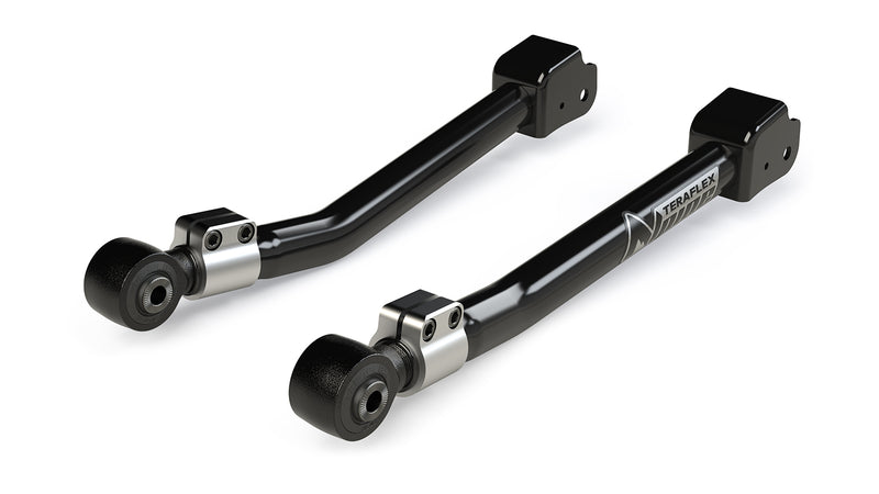 TeraFlex Control Arm, shown on a studio background: two bent black adjustable Alpine control arms with box ends and silver clamps on white