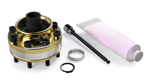 TeraFlex Driveline Component, shown on a studio background: brass-finish CV joint with hex driver bit, grease tube, clamp band and snap ring, rendered on white