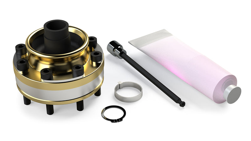 TeraFlex Driveline Component, shown on a studio background: brass-finish CV joint with hex driver bit, grease tube, clamp band and snap ring, rendered on white