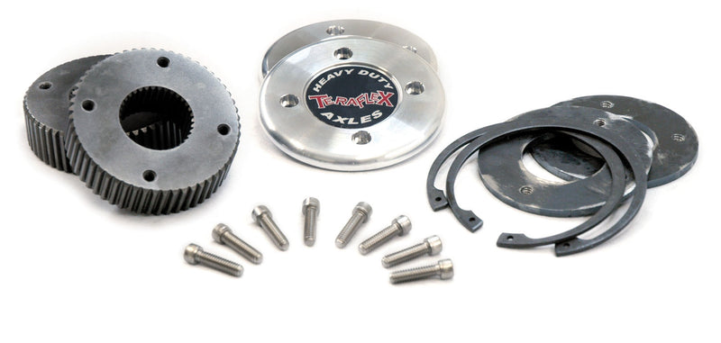 TeraFlex Driveline Component, shown on a studio background: splined steel drive flanges, aluminum caps with Heavy Duty TeraFlex Axles emblem, bolts and snap rings on white