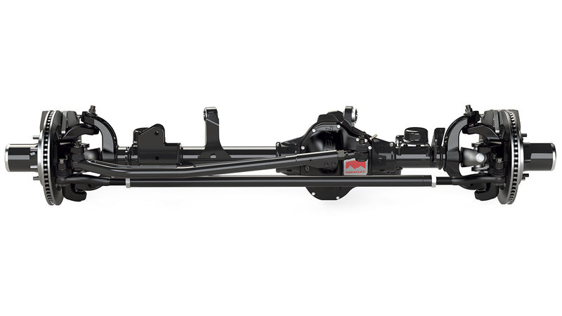 TeraFlex HD Axle, shown on a studio background: TeraFlex Tera60 HD front axle assembly with disc brakes, steering tie rod and drag link on white