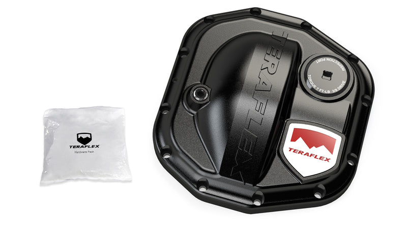 TeraFlex HD Differential Cover, shown on a studio background: black TeraFlex differential cover with aluminum inspection port and shield badge beside a hardware pack on white