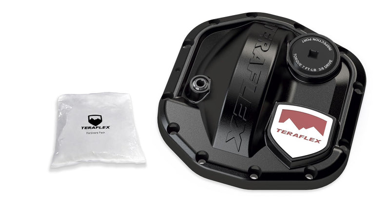 TeraFlex HD Differential Cover, shown on a studio background: black TeraFlex differential cover with inspection port, fill plug and red shield badge beside a TeraFlex hardware pack on white
