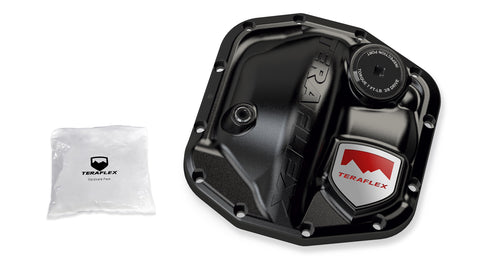 TeraFlex HD Differential Cover, shown on a studio background: black TeraFlex differential cover with inspection port and chrome-red shield badge beside a hardware pack on white