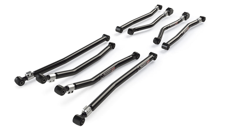 TeraFlex Long Control Arm, shown on a studio background: eight black TeraFlex Alpine IR control arms laid out on white