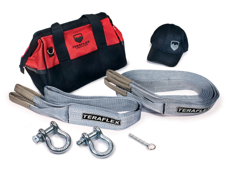 TeraFlex trail recovery kit with gear bag, recovery straps, shackles and cap on a white background