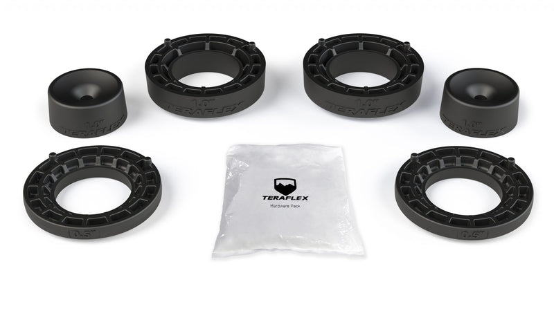 TeraFlex Performance Spacer Lift Kit, shown on a studio background: TeraFlex 1" front coil spacers, 1" bump stop spacers, 0.5" rear spacers and hardware pack on white