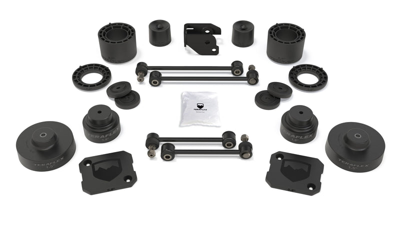 TeraFlex Performance Spacer Lift Kit, shown on a studio background: TeraFlex spacer lift kit: 3" coil spacers, 1.5" rear spacers, bump stops, bracket, four sway bar links and hardware pack on white