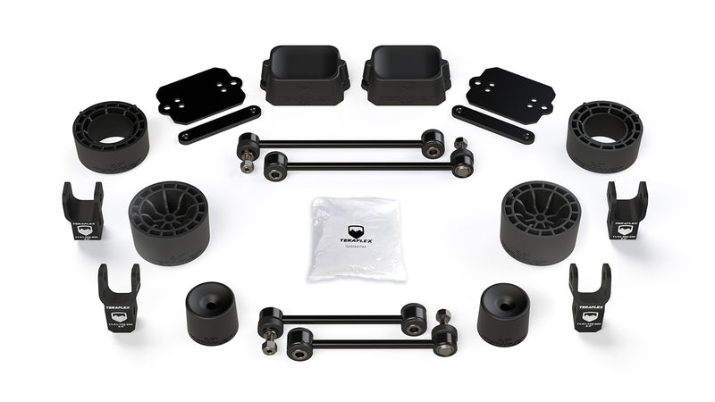 TeraFlex Performance Spacer Lift Kit, shown on a studio background: TeraFlex spacer lift kit with coil spacers, shock extensions, sway links and plates on white