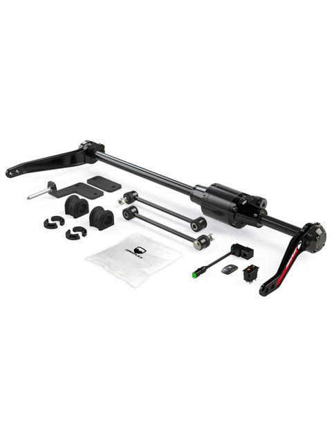 TeraFlex Pneumatic Sway Bar, shown on a studio background: black pneumatic sway bar with actuator, arms, two end links, bushings, brackets, switch, harness and hardware bag on white