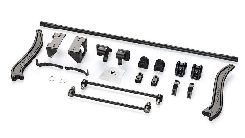 TeraFlex Rear Sway Bar, shown on a studio background: exploded TeraFlex front sway bar kit with bar, curved arms, brackets, bushings and end links on white