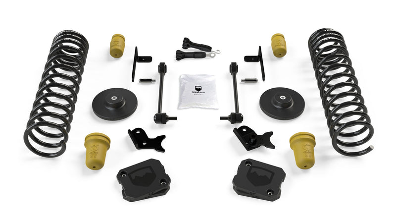 TeraFlex Sport ST Suspension System, shown on a studio background: TeraFlex lift kit with coil springs, yellow bump stops, spacers, end links and brackets on white