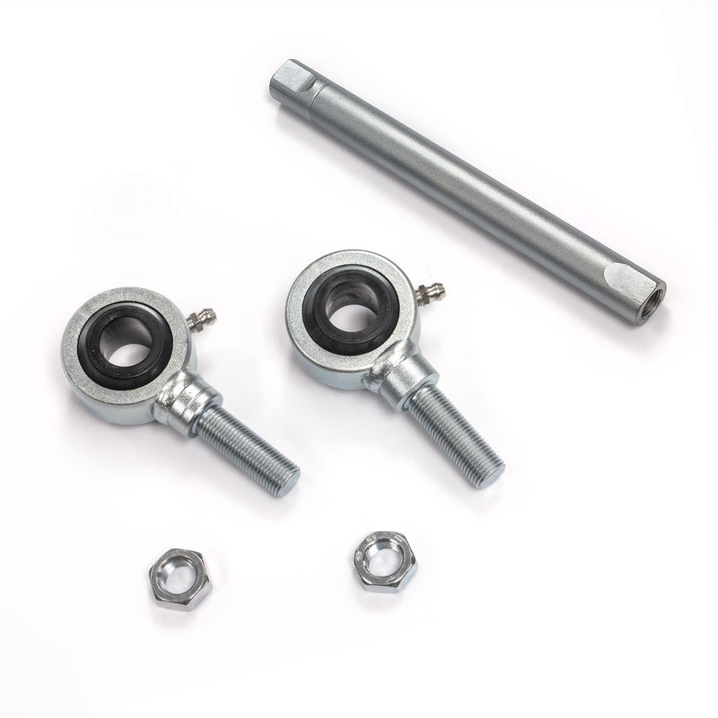 TeraFlex Sway Bar Component, shown on a studio background: photo of two zinc rod ends, a threaded adjuster tube and two jam nuts on white