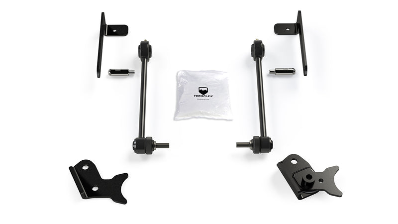 TeraFlex Sway Bar Component, shown on a studio background: two black sway bar end links with four black brackets, two studs and a TeraFlex hardware pack on white