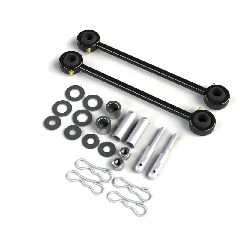 TeraFlex front sway bar quick disconnect kit with two links, studs, sleeves, washers and clips on a white background