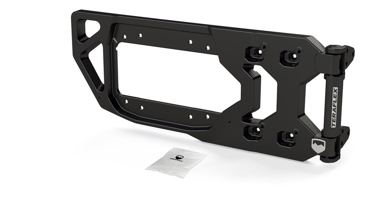 TeraFlex Tire Carrier & Tailgate Accessory, shown on a studio background: black TeraFlex heavy-duty tailgate hinge plate with hinge and hardware pack on white
