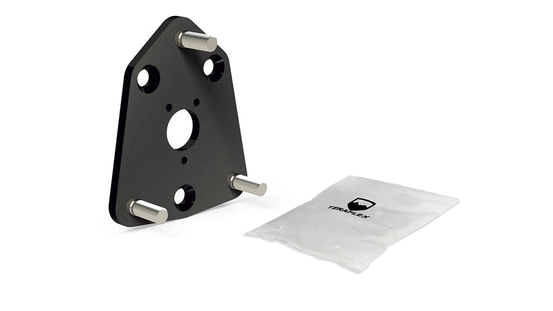 TeraFlex Tire Carrier & Tailgate Accessory, shown on a studio background: black TeraFlex mounting plate with three studs and a TeraFlex hardware bag on white