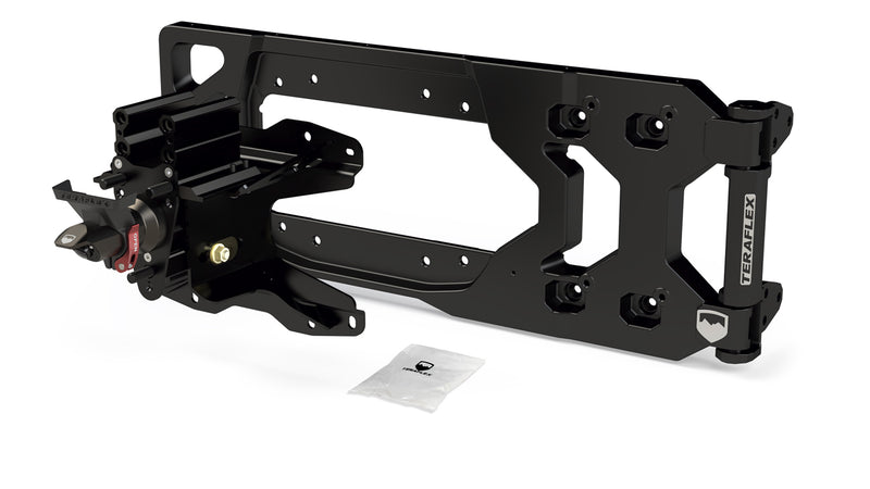 TeraFlex Tire Carrier & Tailgate Accessory, shown on a studio background: black TeraFlex tailgate hinge plate with spare tire carrier mount and hardware pack on white