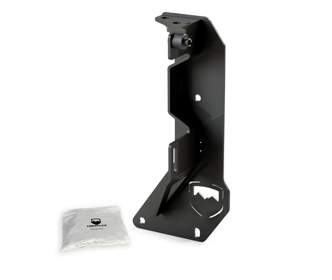 TeraFlex Tire Carrier & Tailgate Accessory, shown on a studio background: tall black TeraFlex mounting bracket with shield cut-out and hardware pack on white