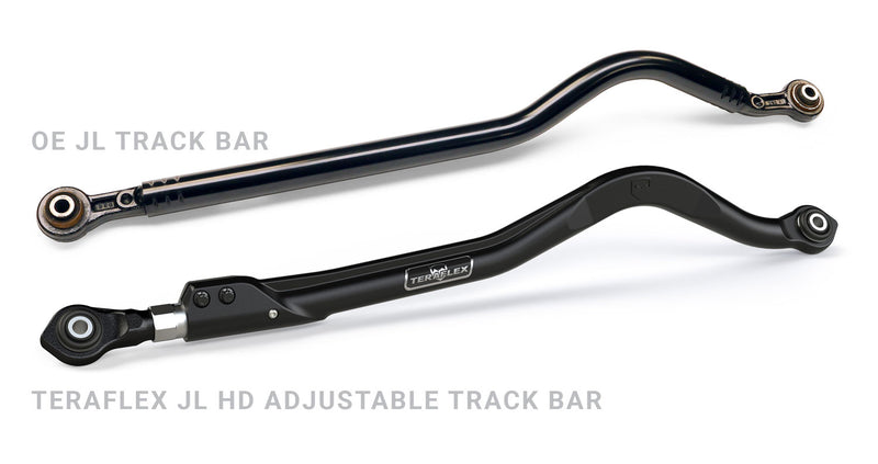 TeraFlex Track Bar, shown on a studio background: comparison: OE JL track bar above the black TeraFlex HD adjustable track bar, with text labels