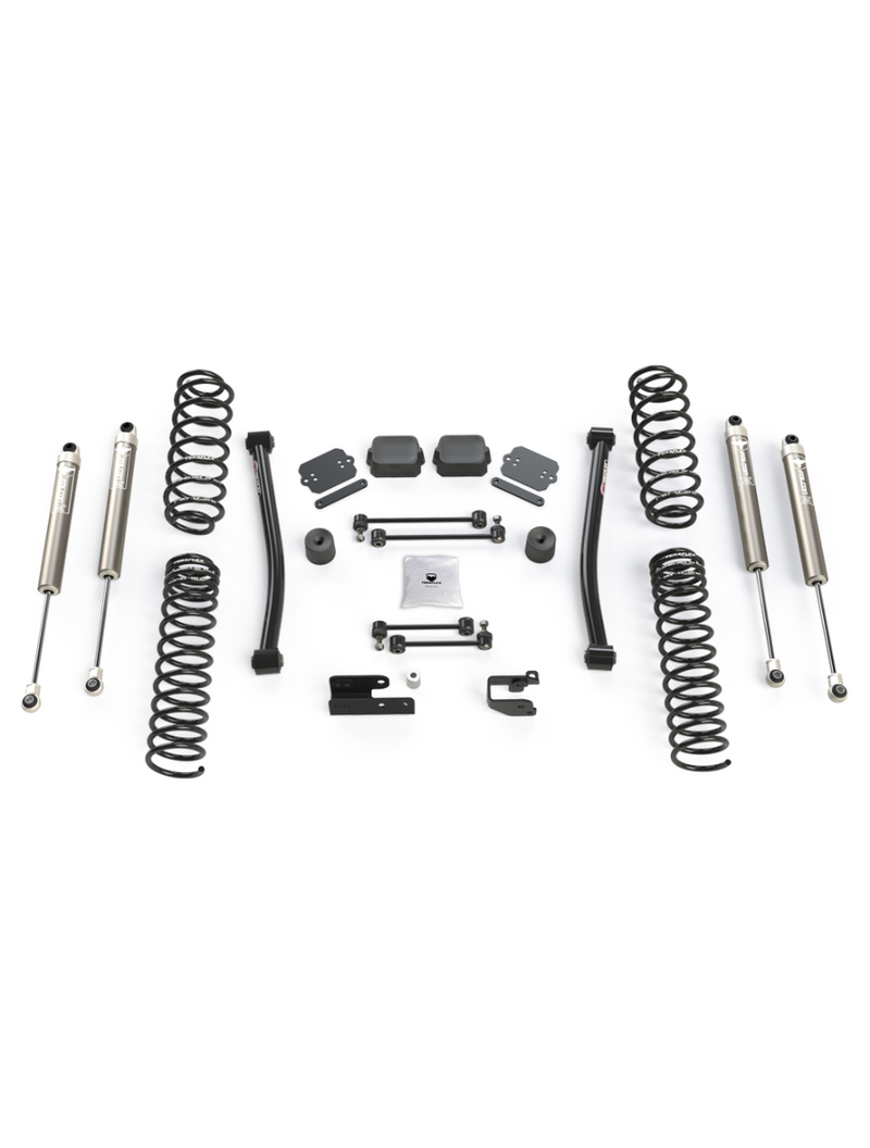TeraFlex Trail Select Suspension System, shown on a studio background: complete TeraFlex lift kit with coil springs, four shocks, links and brackets laid out on white