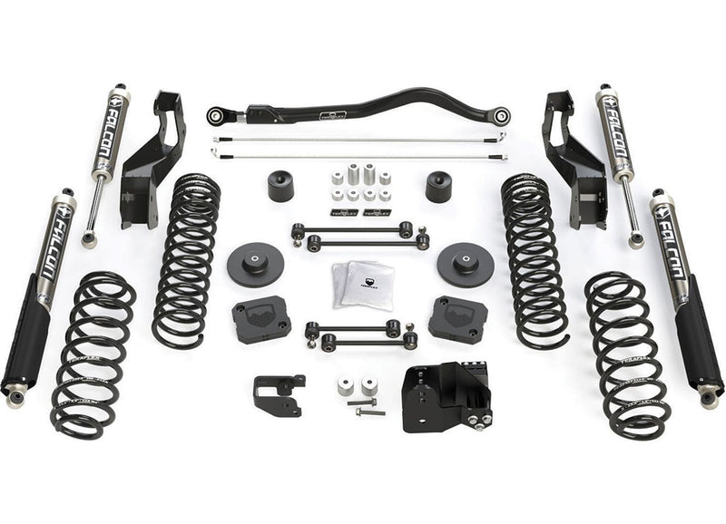 TeraFlex Trail Select Suspension System, shown on a studio background: TeraFlex lift kit with four Falcon shocks, track bar and coil springs on white