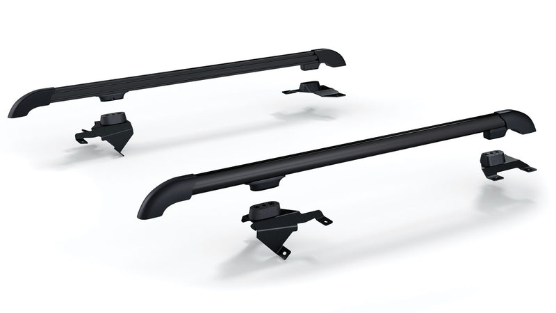 Pair of black TeraFlex Nebo roof rack main rails with mounting feet on a white background
