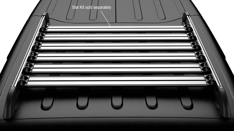 Render of a silver TeraFlex Nebo roof rack with cargo slats on a black hardtop