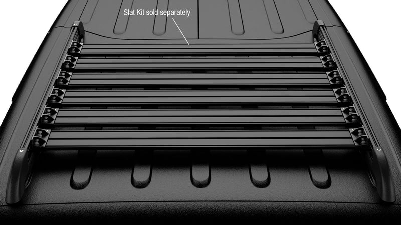 Render of a black TeraFlex Nebo roof rack with cargo slats on a black hardtop