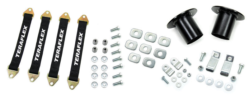 TeraFlex prerunner component kit with limit straps, coil spring retainers, braces and hardware on a white background