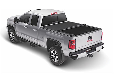 TruXedo Pro X15 soft roll-up tonneau cover closed over the bed of a pickup truck, widest view