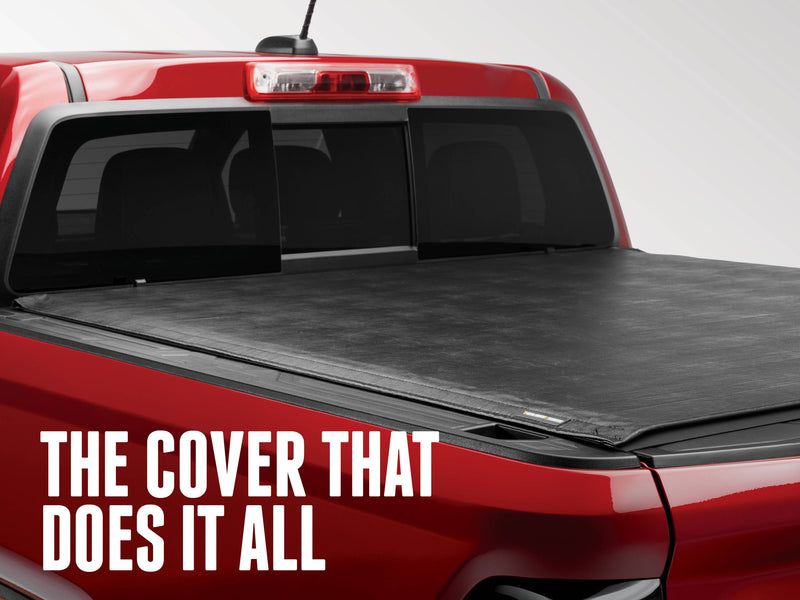 Sentry hard roll-up cover closed over a red pickup bed, with the text The cover that does it all