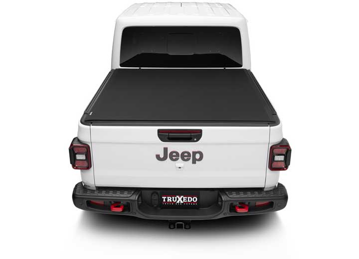 TruXedo Sentry CT hard roll-up tonneau cover closed on a 2020-2024 Jeep Gladiator, straight rear view