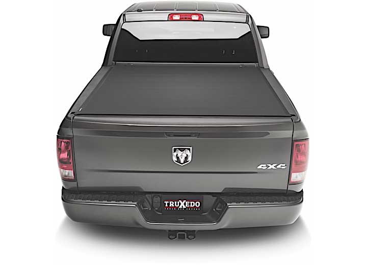 TruXedo Sentry CT hard roll-up tonneau cover closed over the bed of a pickup truck, straight rear view