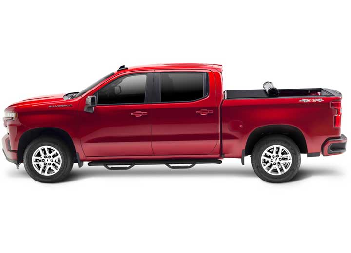 TruXedo Sentry CT hard roll-up tonneau cover rolled partway open over the bed of a pickup truck, side profile