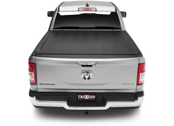 TruXedo Sentry hard roll-up tonneau cover closed on a 2019-2024 Ram 1500, straight rear view