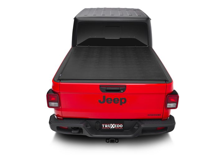 TruXedo Sentry hard roll-up tonneau cover closed on a 2020-2024 Jeep Gladiator, straight rear view