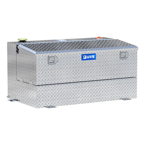 UWS TT-75-COMBO 75-gallon combo transfer tank in bright aluminum, three-quarter studio view