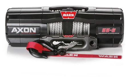 Warn AXON 55-S powersports winch, front elevation on white, showing synthetic rope on the drum, the epic hawse fairlead and the hook with its red Warn strap
