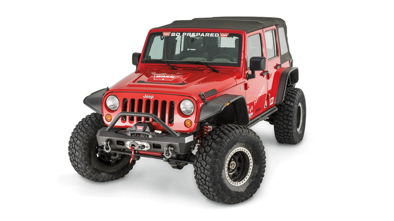 Warn Elite Stubby Front Bumper with Grille Guard Tube for 2007-2017 Jeep Wrangler / 2018 Jeep Wrangler JK, installed on a red Jeep Wrangler JK Unlimited, winch sold separately